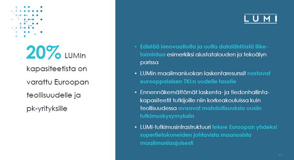 Liuku, jossa on LUMI-logo. Vasen puoli: 20% LUMIn kapasiteetista on varattu Euroopan teollisuudelle ja pk-yrityksille. Oikea puoli: neljä luetelmakohtaa, joissa kuvataan LUMIn innovointia, infrastruktuuria ja tukea eurooppalaisille yrityksille.