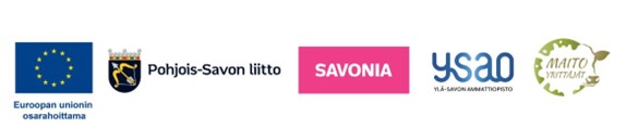 Euroopan unionin, Pohjois-Savon liiton, Savonian, Ylä-Savon ammattiopiston (YSAO) ja Maitoyrittäjien logot peräkkäin valkoisella pohjalla.