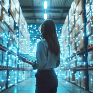 Nainen, jolla on kädessään tabletti, seisoo varastokäytävällä, jossa on laatikkohyllyjä ja jota ympäröivät hehkuvat digitaaliset solmut ja yhteydet, jotka symboloivat älykästä teknologiaa ja varastonhallintaa.