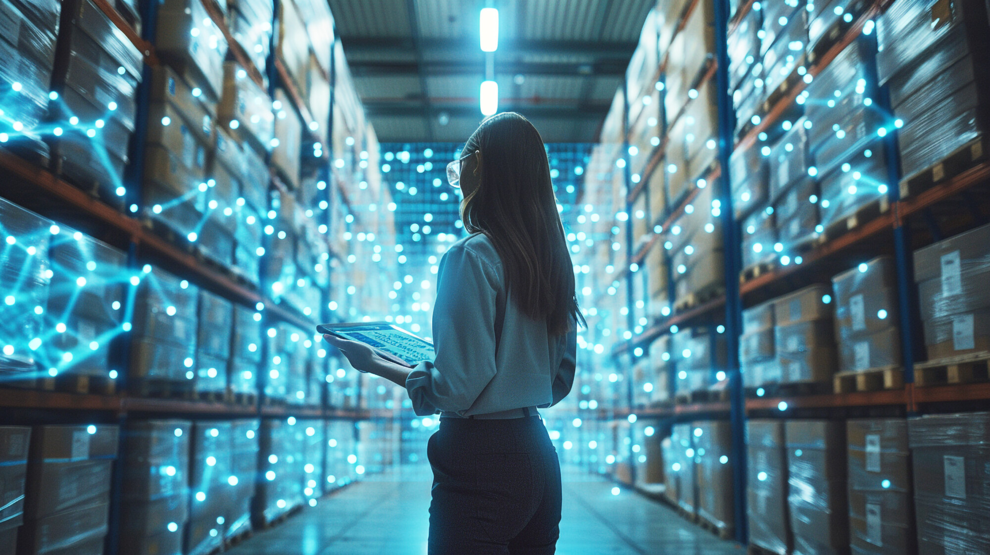 Nainen, jolla on kädessään tabletti, seisoo varastokäytävällä, jossa on laatikkohyllyjä ja jota ympäröivät hehkuvat digitaaliset solmut ja yhteydet, jotka symboloivat älykästä teknologiaa ja varastonhallintaa.