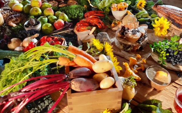 Värikäs valikoima tuoreita vihanneksia, hedelmiä ja gourmet-ruokia puisella pöydällä, mukaan lukien porkkanat, perunat, omenat, marjat, punajuuret, sienet, merenelävät, leivonnaiset ja keltaiset kukat koristeeksi.