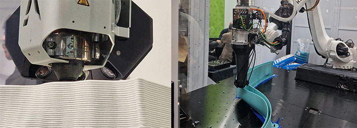 Lähikuva kahdesta erilaisesta robotti-3D-tulostimesta: toinen tulostaa kerroksittain betonia, toinen käyttää robottikättä tulostamaan kaarevaa sinistä muovirakennetta alustalle.