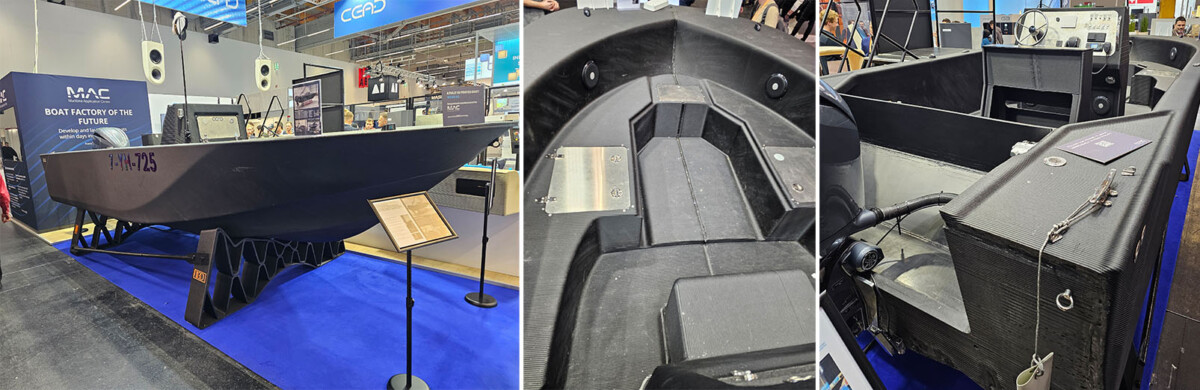 Yhdistelmäkuvassa on kolme kuvaa 3D-tulostetusta kalastusveneestä.