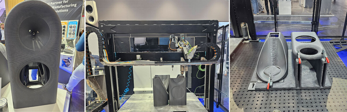 Yhdistelmäkuva, jossa kolme kuvaa kaiuttimen 3D-tulostusprosessista.