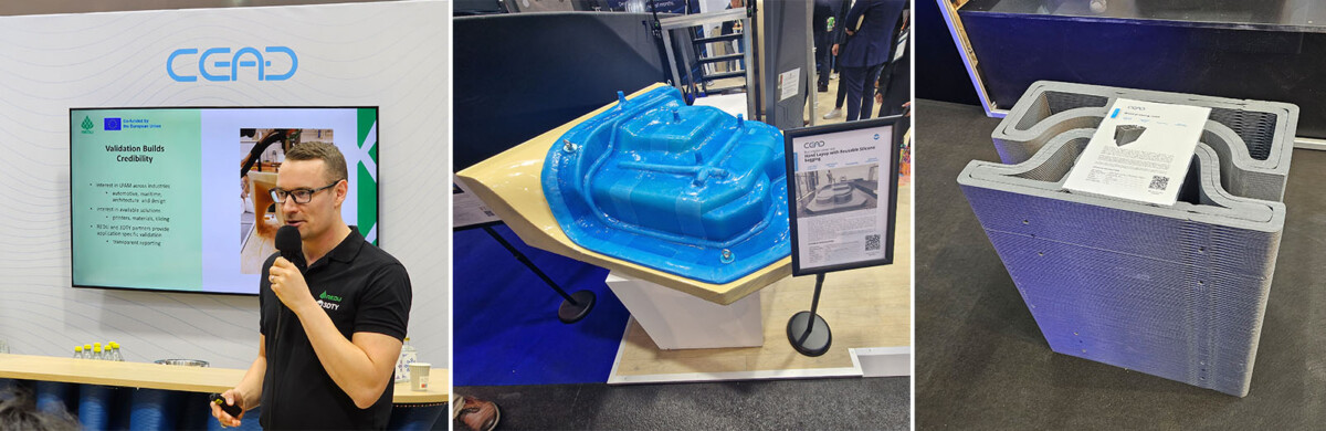 Yhdistelmäkuva CEADin osastolta. Kuva REDUn esityksestä, kuva muotista ja kuva puulevyjen lämpöpuristusmuotista.