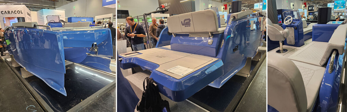 Kolme lähikuvaa 3D-tulostetusta katamaraanista. Niistä näkyy sen tyylikäs runko, takakansi istuimilla ja ohjaamo istuimilla; taustalla näkyy ihmisiä ja messuosastoa.