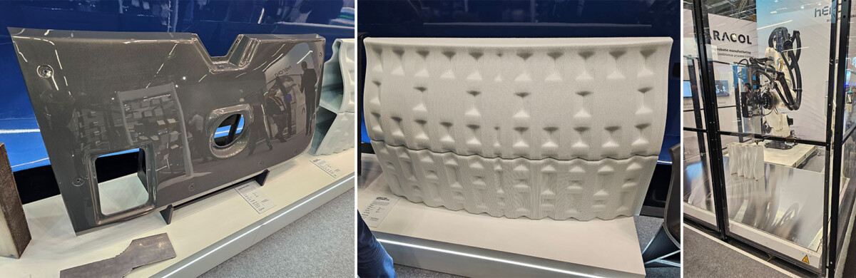 Kolme esimerkkiä 3D-tulostuksesta: kiiltävä, tumma, kulmikas teollinen osa, teksturoitu, vaalea paneeli, jossa on geometrisia kuoppia, ja kuva robottitulostussolusta.