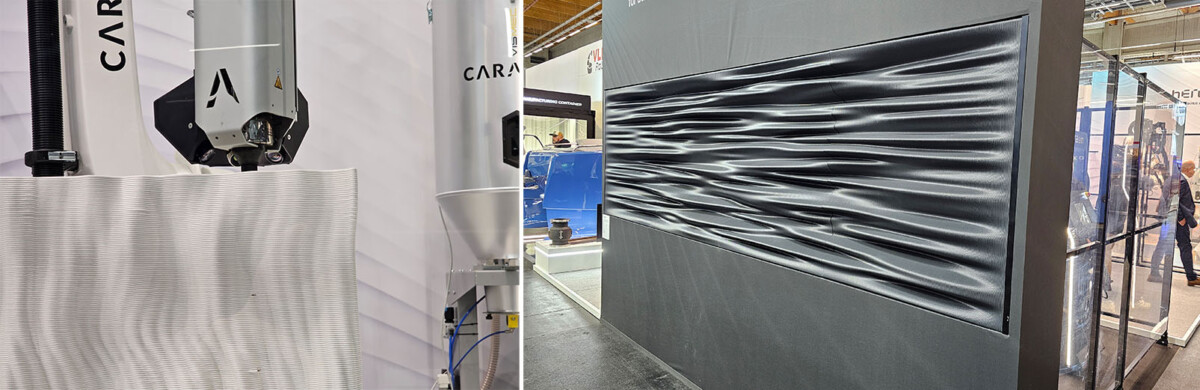 Kuvassa Caracolin robottitulostuspää sekä 3D-tulostettu seinäpaneeli.