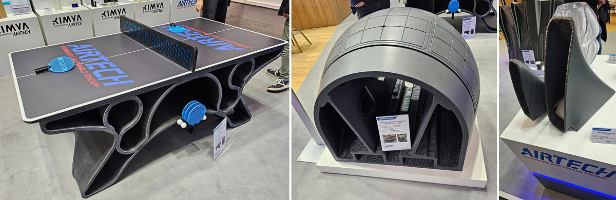 Kolmessa kuvassa on 3D-tulostettuja esineitä: musta pingispöytä, jossa on kaarevat tuet, suuri kaareva alipainemuotti sekä tuuletuskanavan osia.