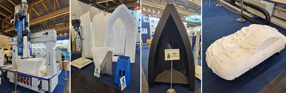 Neljässä kuvassa on suurikokoisia 3D-tulostettuja venemuotteja styroksista valmistettuna.