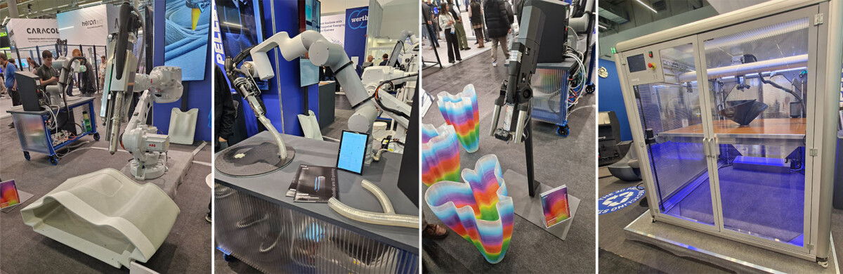 Neljässä kuvassa näytetään erilaisia WASPin 3D-tulostusrobotteja messuosastolla.