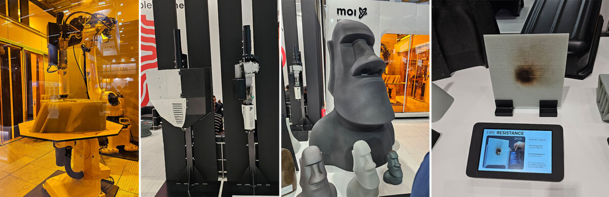 Kollaasissa näkyy 3D-tulostusrobotti, 3D-tulostuspäitä seinällä, suuri harmaa 3D-tulostettu Moai-pääpatsas ja palonkestävyysnäyte, jossa on palanut laatta.