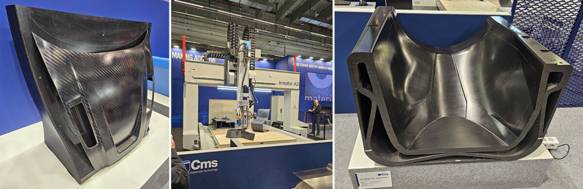 Kolme kuvaa: vasemmalla on suuri kaareva 3D-tulostettu hiilikuitumuotti, keskellä robottitulostussolu, oikealla 3D-tulostettu laminointimuotti.