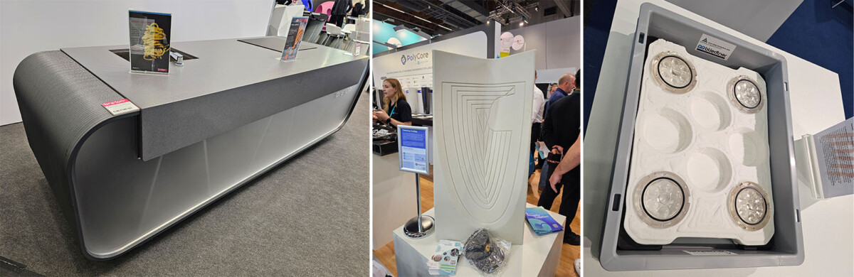 Kolmen kuvan kollaasi näyttää: modernin kaarevan 3D-tulostetun tiskipöydän, valkoisen teollisen trimmausmuotin, sekä lähikuvan vaahtomuovisesta tarjottimesta, jossa on neljä lasilinssiä omissa koloissaan.