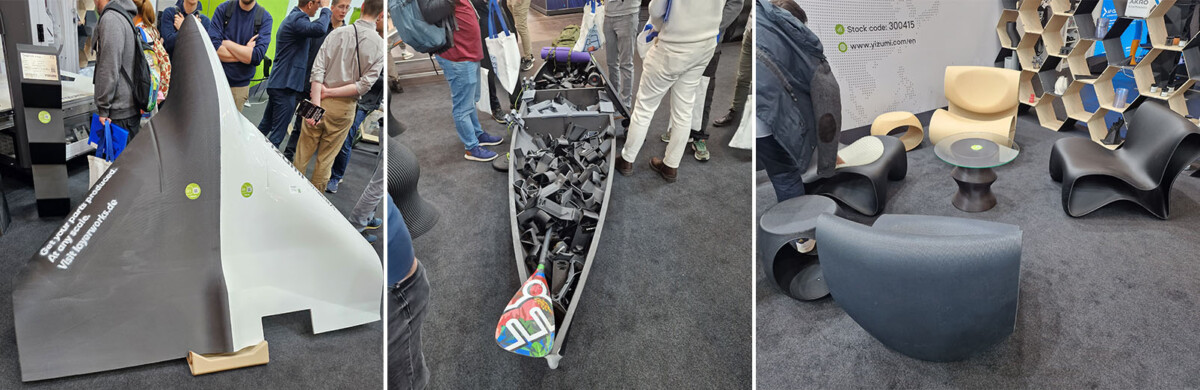 Koostekuva, jossa vasemmalla 3D-tulostettu drone, keskellä 3D-tulostettu kanootti täynnä 3D-tulostettuja osia ja oikealla 3D-tulostettuja huonekaluja.