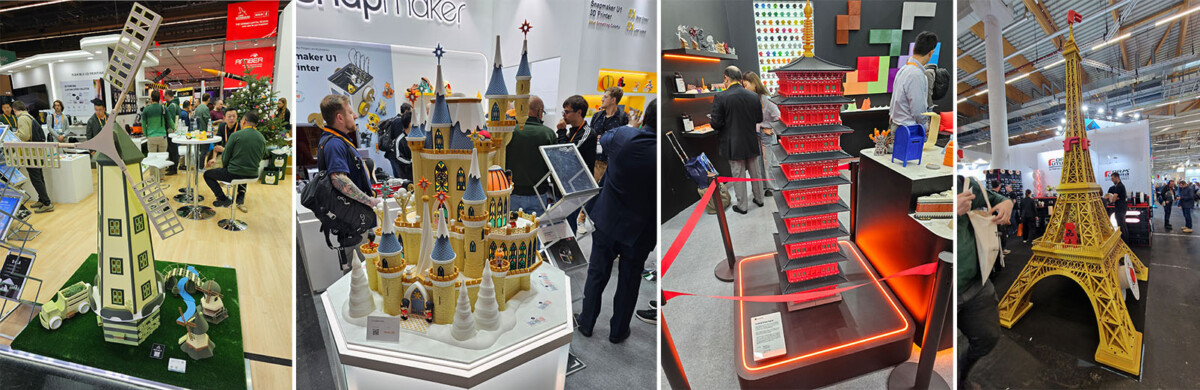 Viisi 3D-tulostettua suurehkoa pienoismallia esillä messuosastoilla: tuulimylly, linna, punainen padoga ja Eiffel-torni. Ihmiset tarkkailevat kutakin rakennelmaa.