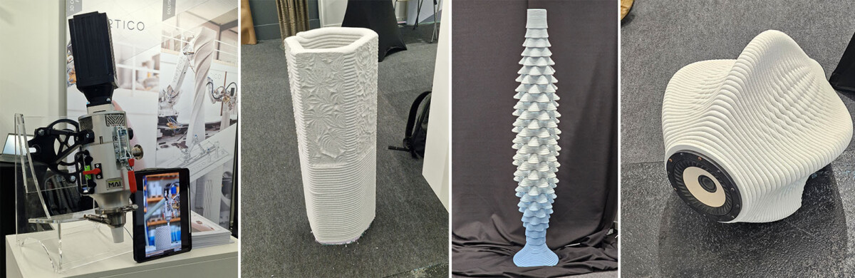 Neljässä kuvassa on esimerkkejä 3D-tulostetuista esineistä: betonitulostuspää, aaltoileva sylinterinmuotoinen veistos, korkea spiraalimainen rakenne ja betonista 3D-tulostettu kaiutin.