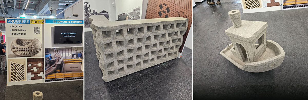 Kolmessa kuvassa on 3D-tulostettuja betonirakenteita: pyöreä ristikkorakenne näyttelyosastolla, suorakulmainen lohko, jossa on neliönmuotoisia reikiä, ja betonista 3D-tulostettu benchy.