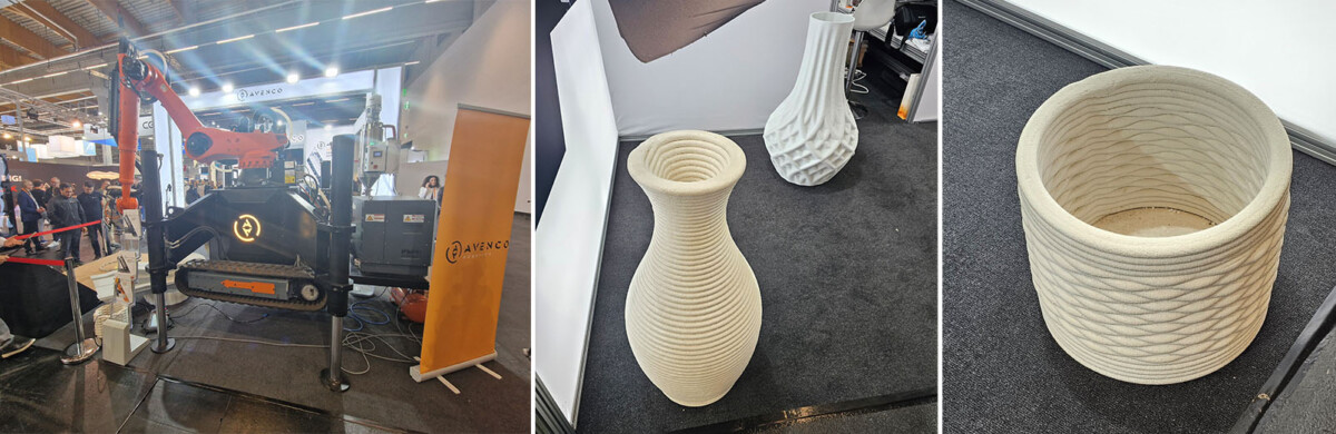 Kolmiruutuisessa kuvassa on suuri 3D-tulostin messuilla ja kaksi näkymää suurista, kuvioiduista 3D-tulostetuista keraamisista maljakoista ja astioista, jotka ovat esillä messuosastolla.