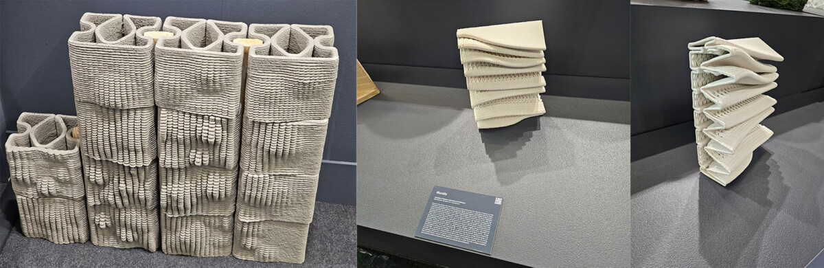 Kolme 3D-tulostettua rakennetta, joissa on kuvioituja, kerroksellisia ja taitettuja kuvioita. Vasemmanpuoleinen teos on lohkomainen ja siinä on avoimia onkaloita, keskimmäinen on pinottu ja kaareva ja oikeanpuoleinen on kierretty ja pystysuoraan pitkänomainen.