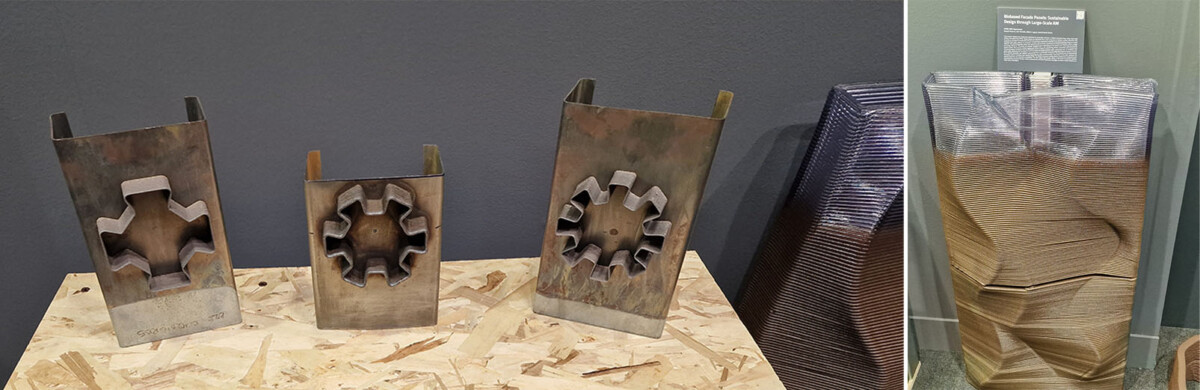 Kaksioisainen kuva jossa vasemmalla kolme metallitulostettua rakennetta ja oikealla puolella on 3D-tulostettu, monimuotoinen seinäpaneeli.