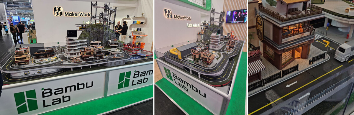 Bambu Labin ja MakerWorldin osastolla esitelty yksityiskohtainen pienoismallikaupunki, jossa on rakennuksia, teitä, autoja ja viherkasveja. Taustalla näkyy ihmisiä ja näyttöjä.