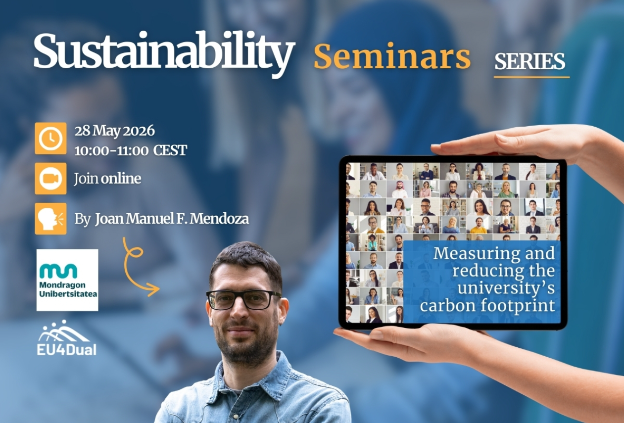 Kestävän kehityksen seminaarisarjan tapahtuman mainosjuliste. Siinä on päivämäärä, kellonaika, puhuja (Joan Manuel F. Mendoza), aihe (Yliopiston hiilijalanjäljen mittaaminen ja pienentäminen) ja logot.