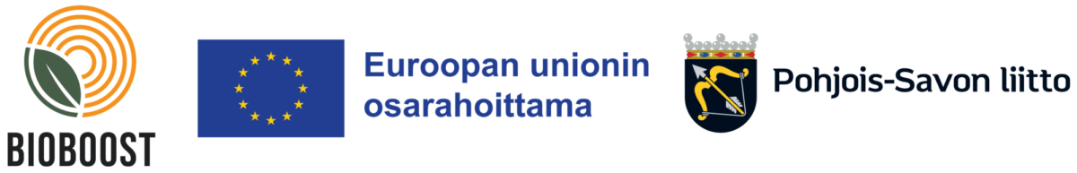 BIOBOOSTin, Euroopan unionin ja Pohjois-Savon liiton logot, joissa on teksti Euroopan unionin osarahoittama ja Pohjois-Savon liitto, jossa on miekkaa pitelevä käsivarsi kilven päällä.