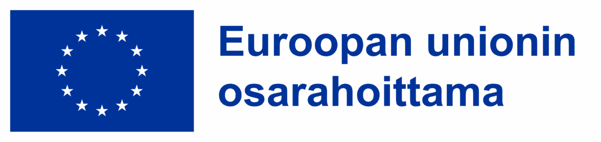 Sininen Euroopan unionin lippu, jonka vasemmassa reunassa on 12 valkoista tähteä ja oikeassa reunassa sininen teksti Euroopan unionin osarahoittama.