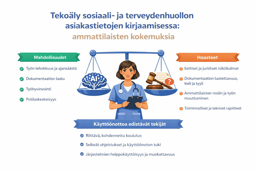 Suomenkielinen infograafi tekoälystä sosiaali- ja terveydenhuollon tietojenkäsittelyssä, jossa näkyy sairaanhoitajan rooli Edut-, Haasteet- ja Mahdollistavat tekijät -osioiden välillä ja jossa on kuvakkeita ja tekstiä, jotka korostavat kunkin kategorian keskeisiä kohtia.