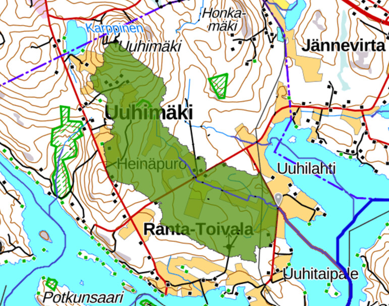 Yksityiskohtainen topografinen kartta, jossa näkyy Juhimäki ja lähialueet, vihreällä tummennetut metsät, korkeusviivat, järvet, pienet tiet ja merkityt paikat, kuten Ranta-Toivala, Potkunsaari ja Jännevirta.