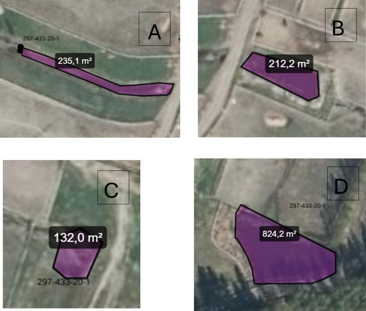 Neljä ilmakuvakartan osaa, jotka on merkitty A, B, C ja D ja joista kukin korostaa erillistä violetilla rajattua maa-aluetta ja sen aluetta: 235,1 m², 212,2 m², 132,0 m² ja 824,2 m².