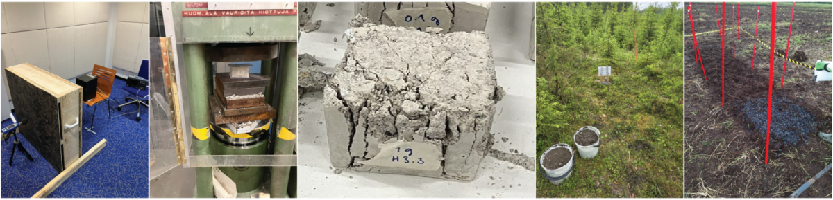 Kollaasi, jossa näkyy: betoniseinänäyte huoneessa, lähikuva betonista puristustesteissä, mureneva betoniharkko, jossa on merkintä 019, kaksi ämpäriä maa-aineksia metsässä ja maaperänäytteenotto pellolla, jossa on punaisia pylväitä.