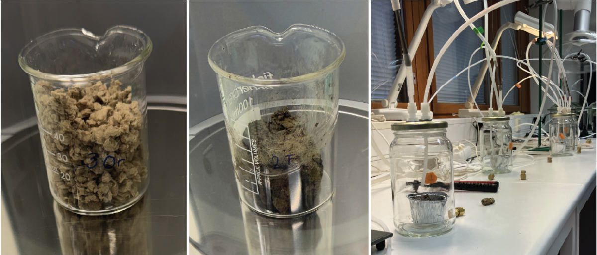 Kolmessa kuvassa on dekantterilaseja ja purkkeja, joissa on maaperä- tai kasvinäytteitä laboratorioympäristössä; oikealla puolella oleviin purkkeihin on kytketty putkia ja johtoja, mikä viittaa koejärjestelyyn.