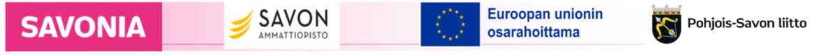 Viiden logon rivi: SAVONIA valkoisella vaaleanpunaisella, Savonia-ammattikorkeakoulun logo, Euroopan unionin lippu, suomenkielinen EU-rahoitusteksti ja Pohjois-Savon vaakuna suomenkielisellä tekstillä.