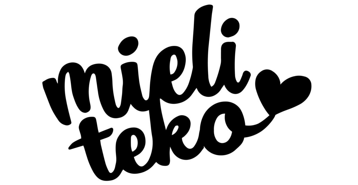 Kuvassa sana mieliteko on kirjoitettu rohkeilla, leikkisillä, mustilla kaunokirjoituskirjaimilla, ja k-kirjaimen loppu päättyy sydämen muotoon. Tausta on valkoinen.