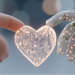 Ihmisen sormi koskettaa robottikäden pitelemää hehkuvaa digitaalista sydäntä, joka symboloi teknologian ja ihmisen tunteiden välistä yhteyttä.