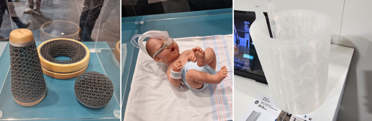 Kuvakollaasi: Vasemmalla kolme 3D-tulostettua esinettä, joissa on kennerakenteisia kuntoutusvälineitä. Keskellä, vauvanukke sairaalaliinalla, jolla on hengityslaite. Oikealla suuri silikonista valmistettu läpikuultava 3D-tulostettu jalkakääre.