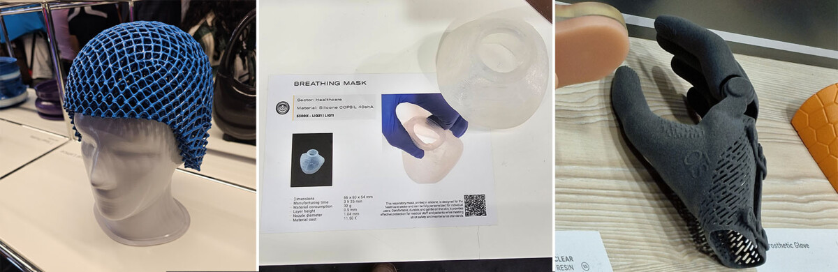 Valokuvakollaasissa näkyy sininen verkkokypärä mallinuken päässä, läpinäkyvä hengitysmaski infolehden yläpuolella, ja musta 3D-tulostettu proteettinen hanska.