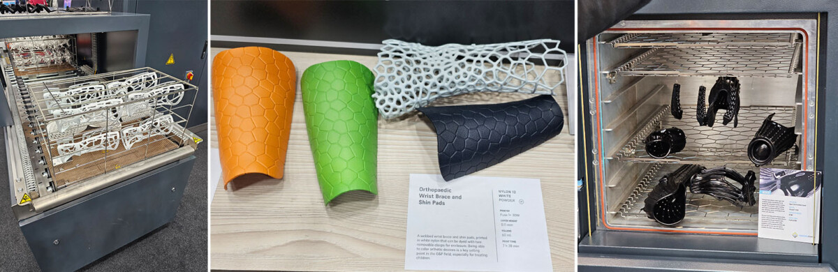 Kolmiruutuinen kuva, jossa näkyy: Valkoisia 3D-tulostettuja osia värjäyslaitteen kehikossa, kolme värikästä verkkoortoosiprototyyppiä ja etiketti sekä metallinen höyrykiillotuslaite, jonka sisällä on mustia 3D-tulostettuja esineitä.