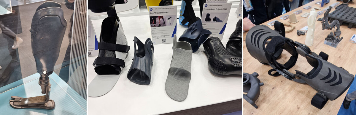 Kolmessa kuvassa on erilaisia proteeseja ja ortoosilaitteita: jalkaproteesi, useita jalkaterä- ja nilkkaortooseja esillä ja harmaa polvituki, jota säädetään pöydällä.