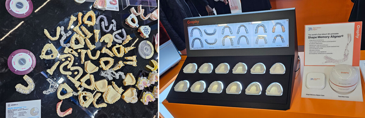Hammaslääketieteellisten muottien ja linjaajien esittely. Vasemmalla useita eri hammaslääketieteeseen liittyviä 3D-tulosteita samalla alustalla. Oikealla on esillä 3D-tulostettuja hammasohjureita Graphyn materiaalista.