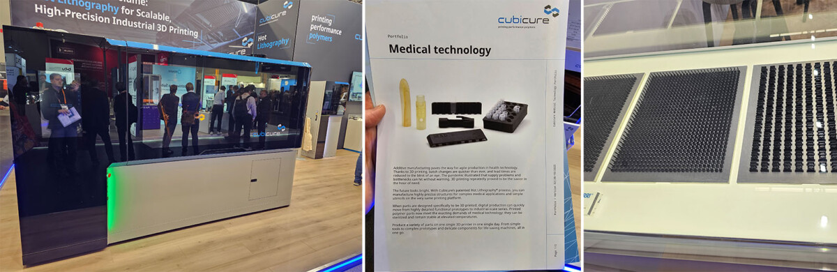 Suuri 3D-tulostin messuosastolla, esite 3D-tulostusmahdollisuuksista lääketieteellisiin käyttötarkoituksiin ja lähikuva mustista 3D-tulostetuista lääketieteellisistä osista, jotka ovat esillä valkoisella alustalla.