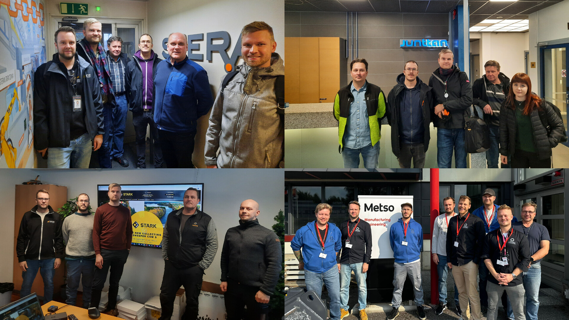 Kollaasi neljästä ryhmäkuvasta, joissa ihmisryhmät seisovat yhdessä sisätiloissa, poseeraavat ja hymyilevät kameralle toimisto- ja teollisuusympäristöissä. Useimmat ovat pukeutuneet rennosti tai työasuun, ja henkilökortit ovat näkyvissä.