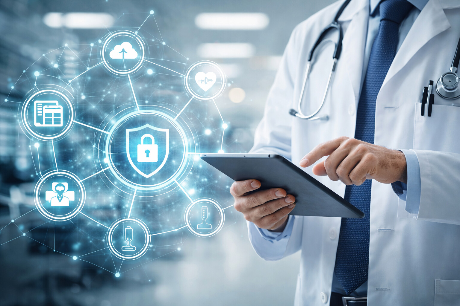 Valkoiseen takkiin pukeutunut lääkäri käyttää tablettia, ja hänen ympärillään on digitaalisia kuvakkeita, jotka esittävät lääketieteellisiä ja kyberturvallisuuskäsitteitä, kuten lukko, pilvi, kalenteri ja lääketieteellisiä symboleja, jotka havainnollistavat tietosuojaa terveydenhuollossa.