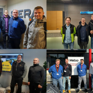 Neljästä ryhmäkuvasta koostuvassa kollaasissa näkyy pieniä miesryhmiä ja yksi nainen, jotka seisovat yhdessä sisällä ja ulkona eri liikepaikoissa, ja kaikilla on yllään rento tai rento liikemiesvaatetus ja henkilökortit.