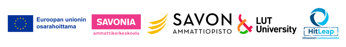Euroopan unionin, Savonia-ammattikorkeakoulun, Savon ammattiopiston (SAVON AMMATTIOPISTO), LUT-yliopiston ja HitLeapin logot oheistekstin kanssa.