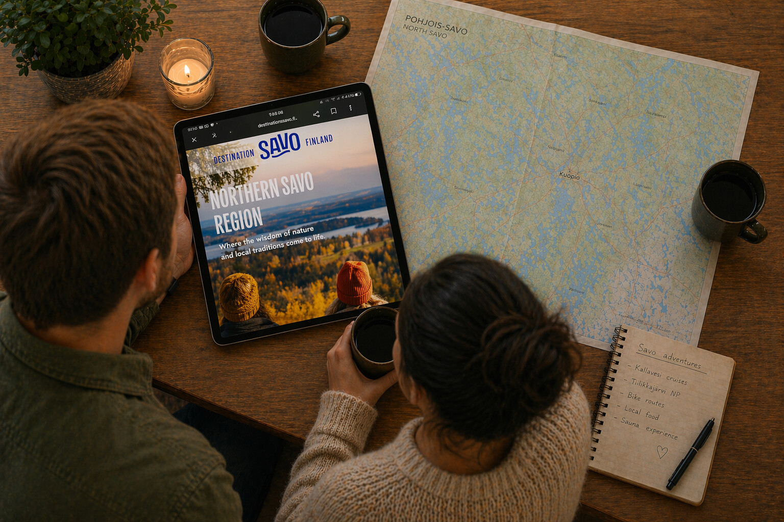 Kaksi ihmistä istuu pöydän ääressä kahvin ääressä ja katselee taulua, jossa on Pohjois-Savon maakunta ja Pohjois-Savon kartta. Pöydällä on myös muistilappu ja kynttilä.