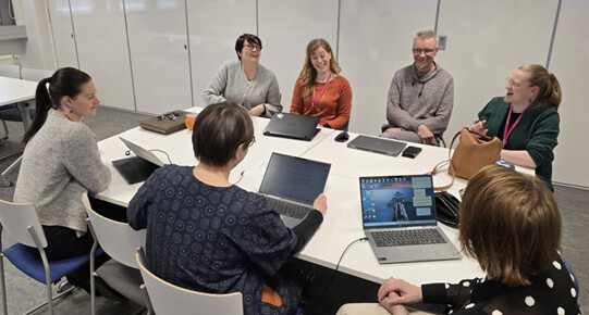 Seitsemän ihmistä istuu kokoushuoneessa pöydän ympärillä, ja jokaisella on kannettava tietokone tai muistikirja. He keskustelevat ja näyttävät hymyilevän ja nauttivan keskustelusta. Asetelma on rento ja yhteistoiminnallinen.