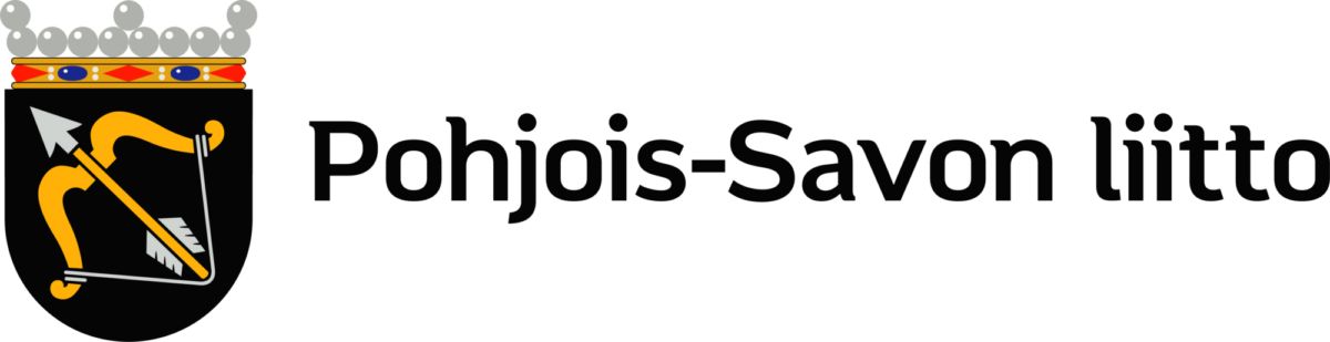 Pohjois-Savon liiton logossa on musta kilpi, jossa on kultainen jousi, nuoli ja käsivarsi, jonka päällä on kruunu, ja jonka vieressä on järjestön nimi lihavoidulla mustalla tekstillä vaalealla pohjalla.